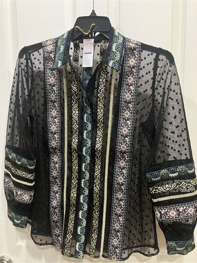 Chico's Ladies Sheer Embroidered Button-Front Shirt with Blue & Gold Accents
